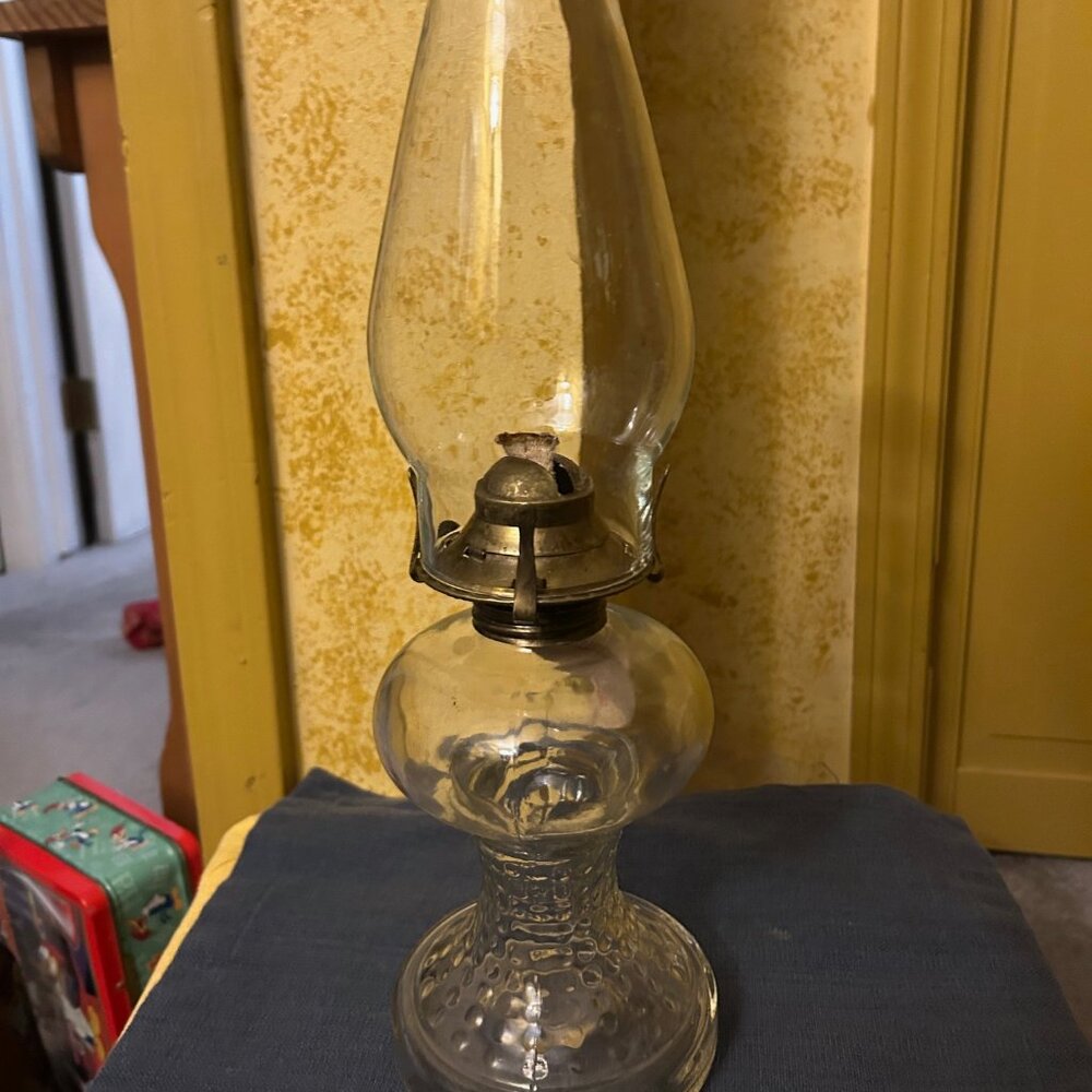 Antique  oil lamp  from 19th century  bottom has dot glass  design  clear chimne
